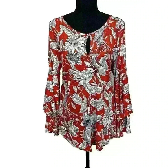 Lascana for Venus Womens XS Red White Floral Cold Shoulder Tunic Flutter Sleeve - Picture 2 of 10